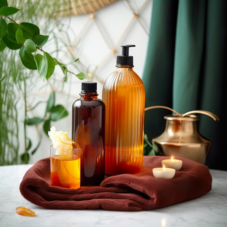 Shampoo bottle styled mockup, liquid soap pump bottle in home bathroom interior, body wash and care cosmetic product packaging mockupの素材