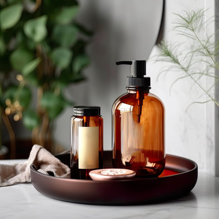 Shampoo bottle styled mockup, liquid soap pump bottle in home bathroom interior, body wash and care cosmetic product packaging mockupの素材