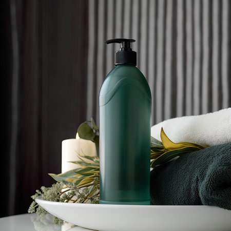 Shampoo bottle styled mockup, liquid soap pump bottle in home bathroom interior, body wash and care cosmetic product packaging mockupの素材