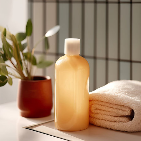 Shampoo bottle styled mockup, liquid soap pump bottle in home bathroom interior, body wash and care cosmetic product packaging mockupの素材