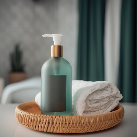 Shampoo bottle styled mockup, liquid soap pump bottle in home bathroom interior, body wash and care cosmetic product packaging mockupの素材