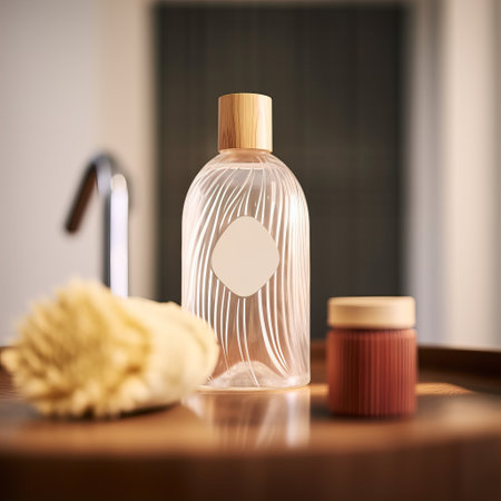 Shampoo bottle styled mockup, liquid soap pump bottle in home bathroom interior, body wash and care cosmetic product packaging mockupの素材