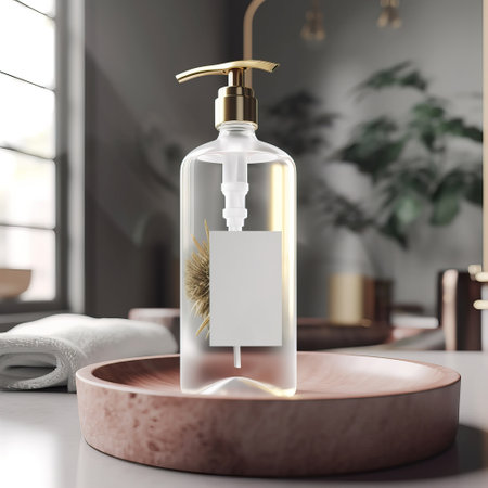 Shampoo bottle styled mockup, liquid soap pump bottle in home bathroom interior, body wash and care cosmetic product packaging mockupの素材