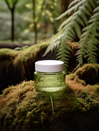 Cosmetic cream jar with lid mockup on green forest background with wooden bark, moss and leaves, beauty product container templateの素材