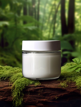 Cosmetic cream jar with lid mockup on green forest background with wooden bark, moss and leaves, beauty product container templateの素材