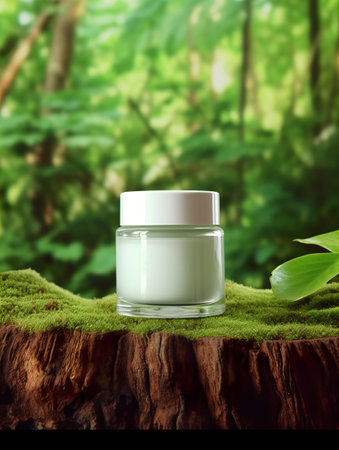 Cosmetic cream jar with lid mockup on green forest background with wooden bark, moss and leaves, beauty product container templateの素材