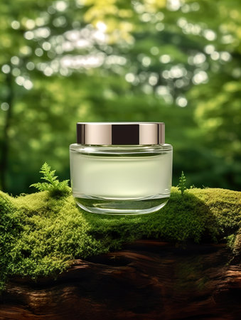 Cosmetic cream jar with lid mockup on green forest background with wooden bark, moss and leaves, beauty product container templateの素材