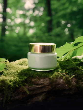 Cosmetic cream jar with lid mockup on green forest background with wooden bark, moss and leaves, beauty product container templateの素材