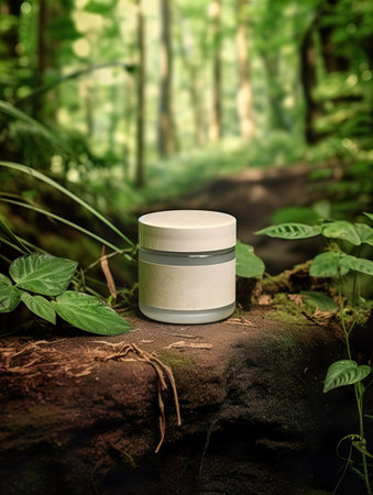 Cosmetic cream jar with lid mockup on green forest background with wooden bark, moss and leaves, beauty product container templateの素材