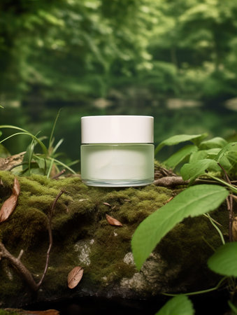 Cosmetic cream jar with lid mockup on green forest background with wooden bark, moss and leaves, beauty product container templateの素材