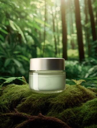 Cosmetic cream jar with lid mockup on green forest background with wooden bark, moss and leaves, beauty product container templateの素材