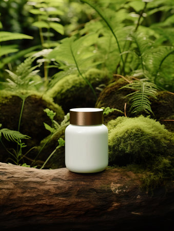 Cosmetic cream jar with lid mockup on green forest background with wooden bark, moss and leaves, beauty product container templateの素材