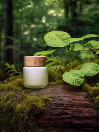 Cosmetic cream jar with lid mockup on green forest background with wooden bark, moss and leaves, beauty product container templateの素材