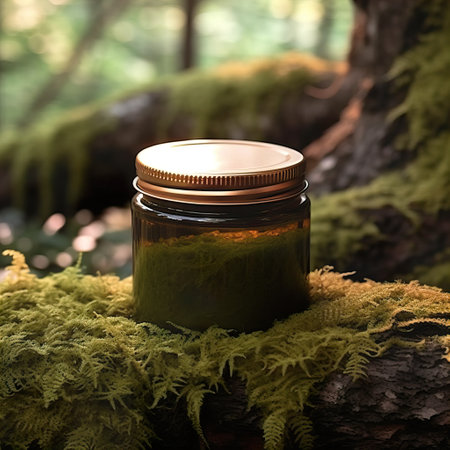 Cosmetic cream jar with lid mockup on green forest background with wooden bark, moss and leaves, beauty product container templateの素材