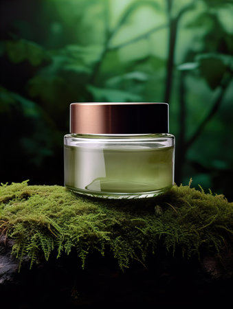 Cosmetic cream jar with lid mockup on green forest background with wooden bark, moss and leaves, beauty product container templateの素材
