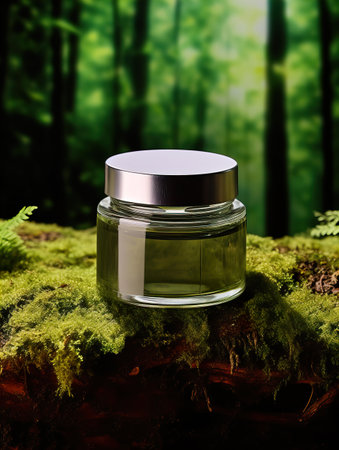 Cosmetic cream jar with lid mockup on green forest background with wooden bark, moss and leaves, beauty product container templateの素材