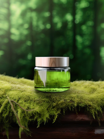 Cosmetic cream jar with lid mockup on green forest background with wooden bark, moss and leaves, beauty product container templateの素材