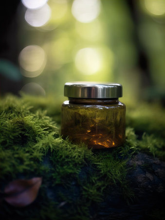 Cosmetic cream jar with lid mockup on green forest background with wooden bark, moss and leaves, beauty product container templateの素材