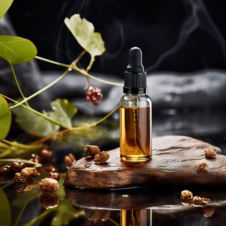 Dropper bottle styled mockup, cosmetic serum oil container template on botanical background with wood and plants, beauty product design-ready packagingの素材