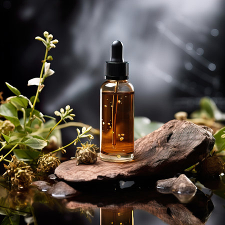 Dropper bottle styled mockup, cosmetic serum oil container template on botanical background with wood and plants, beauty product design-ready packagingの素材