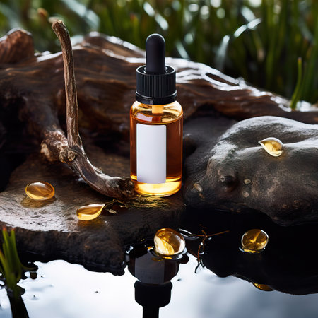 Dropper bottle styled mockup, cosmetic serum oil container template on botanical background with wood and plants, beauty product design-ready packagingの素材