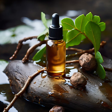 Dropper bottle styled mockup, cosmetic serum oil container template on botanical background with wood and plants, beauty product design-ready packagingの素材