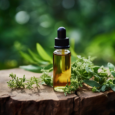 Dropper bottle styled mockup, cosmetic serum oil container template on botanical background with wood and plants, beauty product design-ready packagingの素材