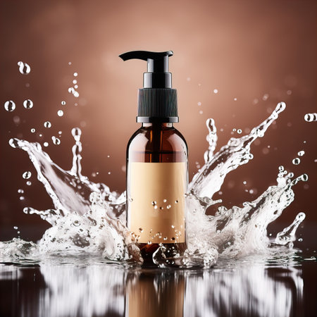 Beauty product bottle mockup, cosmetic container in liquid splash, skincare product packaging front view commercial templateの素材