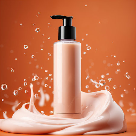 Beauty product bottle mockup, cosmetic container in liquid splash, skincare product packaging front view commercial templateの素材