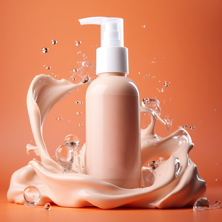 Beauty product bottle mockup, cosmetic container in liquid splash, skincare product packaging front view commercial templateの素材