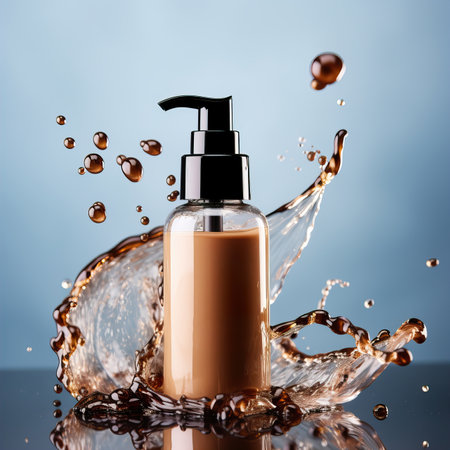 Beauty product bottle mockup, cosmetic container in liquid splash, skincare product packaging front view commercial templateの素材