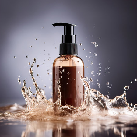 Beauty product bottle mockup, cosmetic container in liquid splash, skincare product packaging front view commercial templateの素材