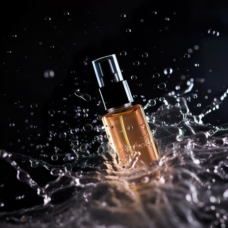 Beauty product bottle mockup, cosmetic container in liquid splash, skincare product packaging front view commercial templateの素材