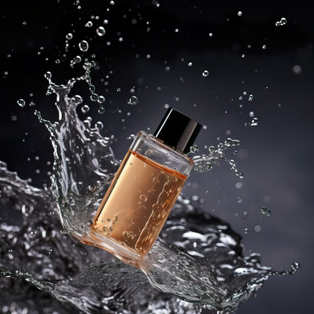 Beauty product bottle mockup, cosmetic container in liquid splash, skincare product packaging front view commercial templateの素材