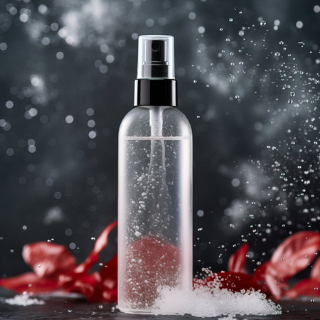 Beauty product bottle mockup, cosmetic container in liquid splash, skincare product packaging front view commercial templateの素材