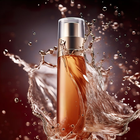 Beauty product bottle mockup, cosmetic container in liquid splash, skincare product packaging front view commercial templateの素材