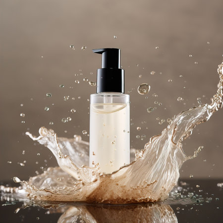 Beauty product bottle mockup, cosmetic container in liquid splash, skincare product packaging front view commercial templateの素材