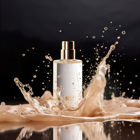 Beauty product bottle mockup, cosmetic container in liquid splash, skincare product packaging front view commercial templateの素材