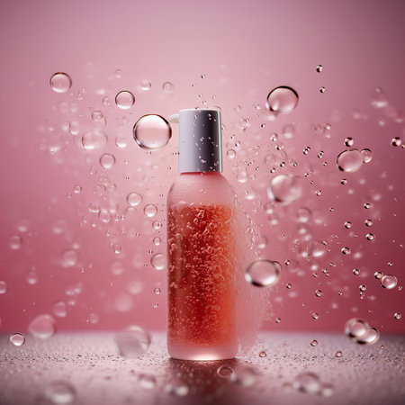 Beauty product bottle mockup, cosmetic container in liquid splash, skincare product packaging front view commercial templateの素材