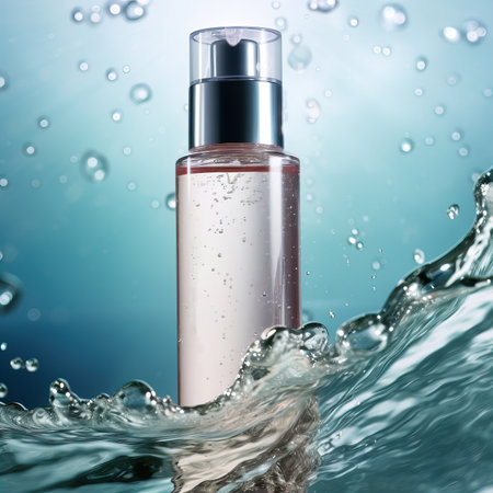 Beauty product bottle mockup, cosmetic container in liquid splash, skincare product packaging front view commercial templateの素材
