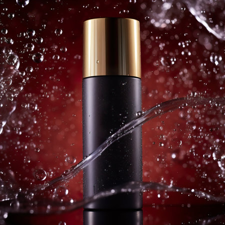 Beauty product bottle mockup, cosmetic container in liquid splash, skincare product packaging front view commercial templateの素材