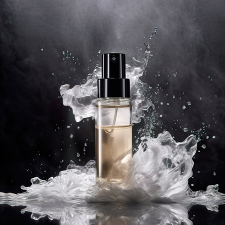 Beauty product bottle mockup, cosmetic container in liquid splash, skincare product packaging front view commercial templateの素材