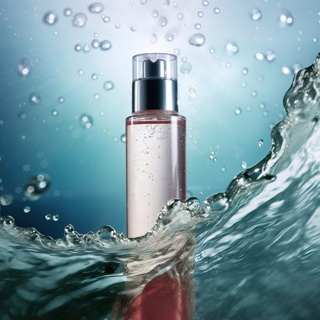 Beauty product bottle mockup, cosmetic container in liquid splash, skincare product packaging front view commercial templateの素材