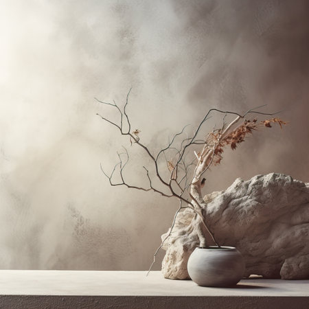 Creative wall background, product backdrop with plants, branches and textured stones, commercial template with copy spaceの素材