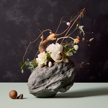 Creative wall background, product backdrop with plants, branches and textured stones, commercial template with copy spaceの素材