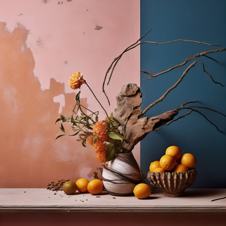 Creative wall background, product backdrop with plants, branches and textured stones, commercial template with copy spaceの素材