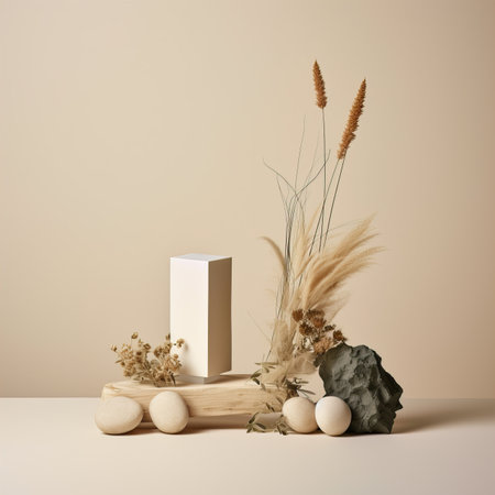 Creative wall background, product backdrop with plants, branches and textured stones, commercial template with copy spaceの素材