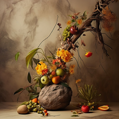 Creative wall background, product backdrop with plants, branches and textured stones, commercial template with copy spaceの素材
