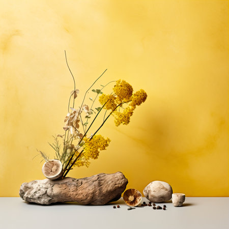 Creative wall background, product backdrop with plants, branches and textured stones, commercial template with copy spaceの素材