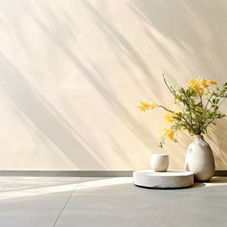 Creative wall background, product backdrop with plants, branches and textured stones, commercial template with copy spaceの素材